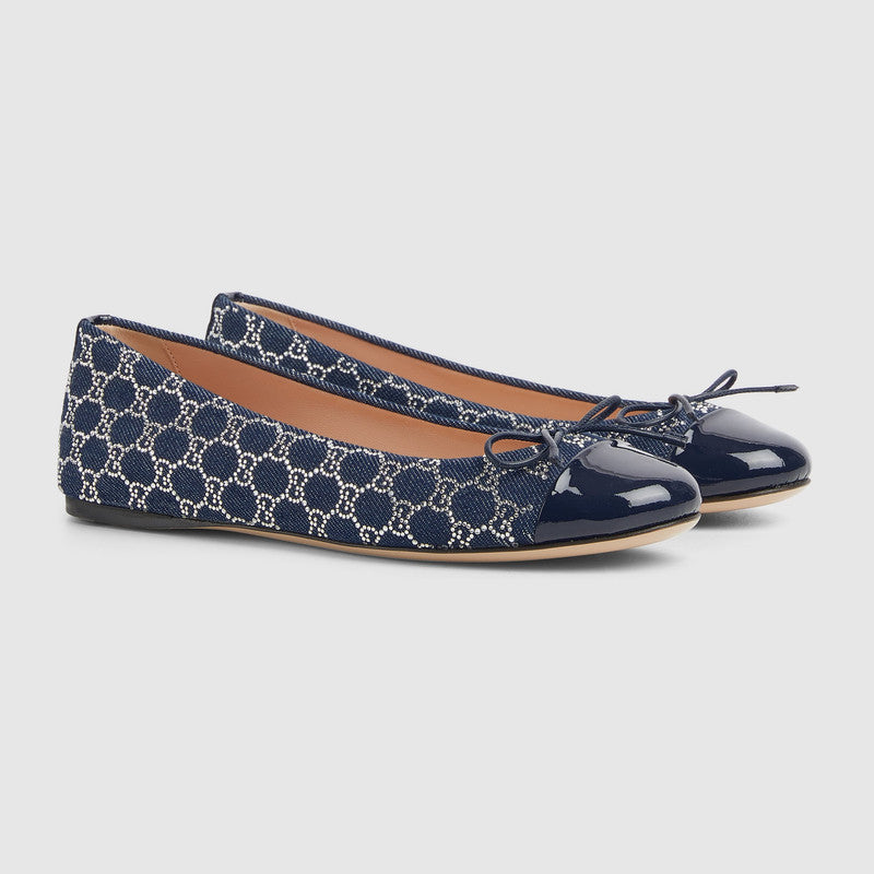 Gucci GG Bow Crystal Denim Ballet Flats