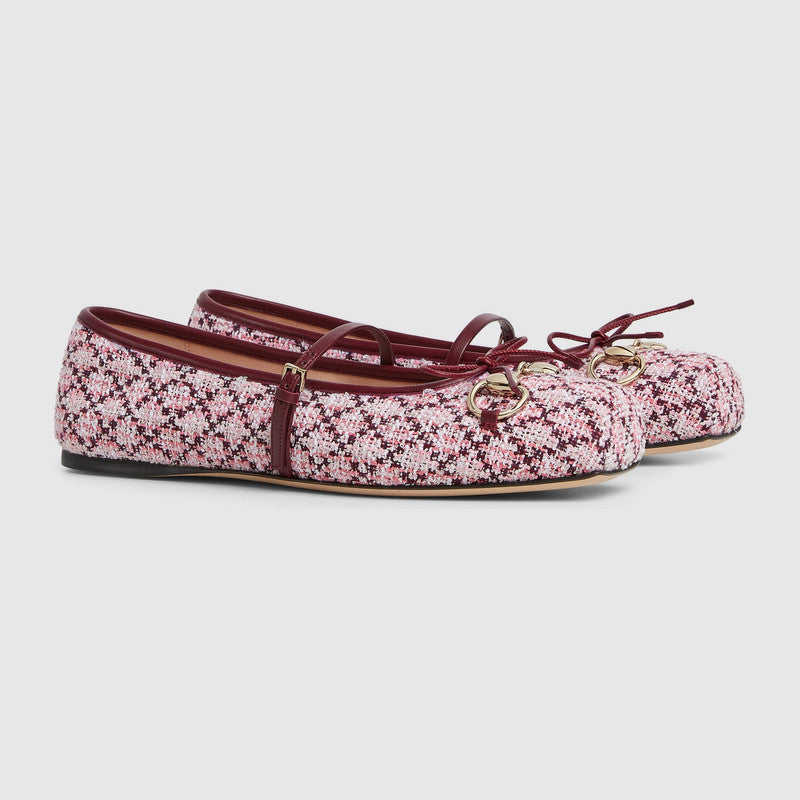 Gucci Bow Horsebit Tweed Ballet Flats