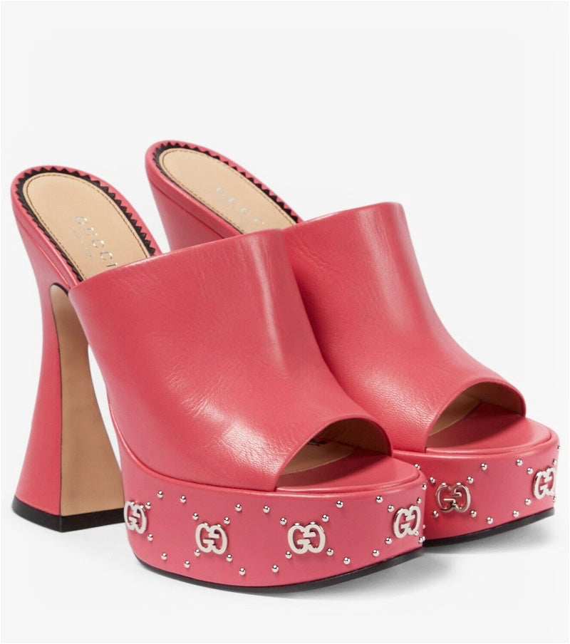 Gucci GG Studs Leather Platform Slide Sandals