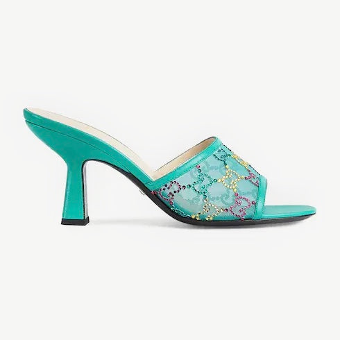 Gucci GG Crystals Mid Heel Slide Sandals