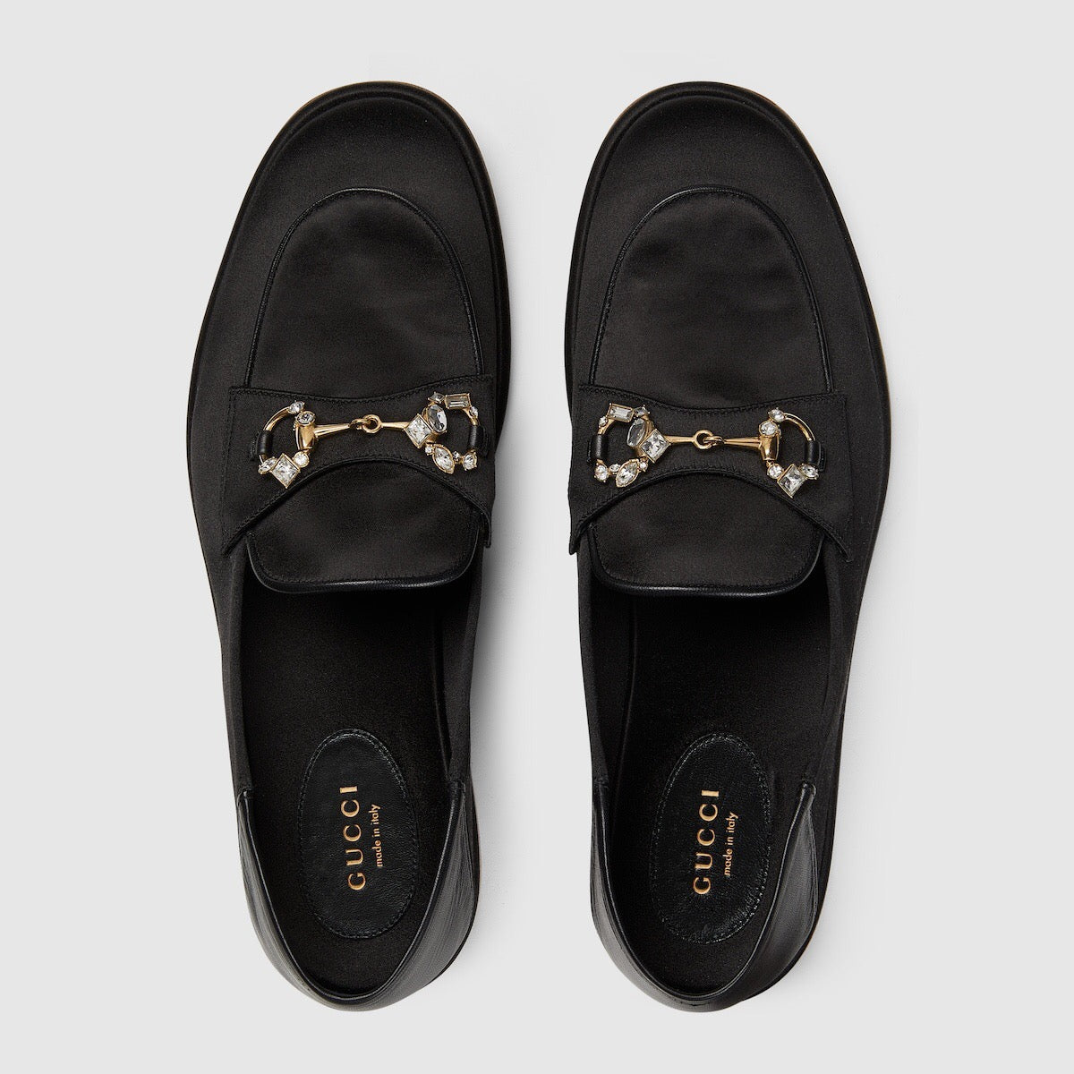 Gucci Horsebit Crystals Satin Loafers