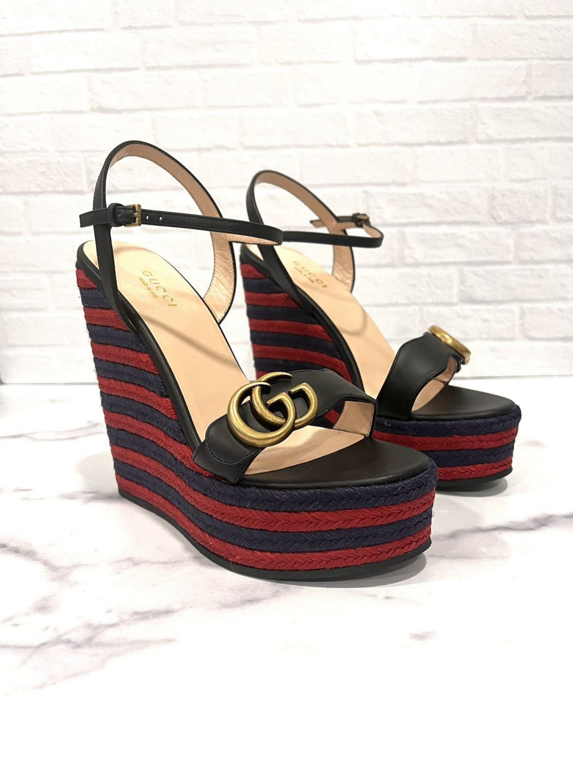 Gucci Marmont Double G Leather Espadrille Platform Sandals