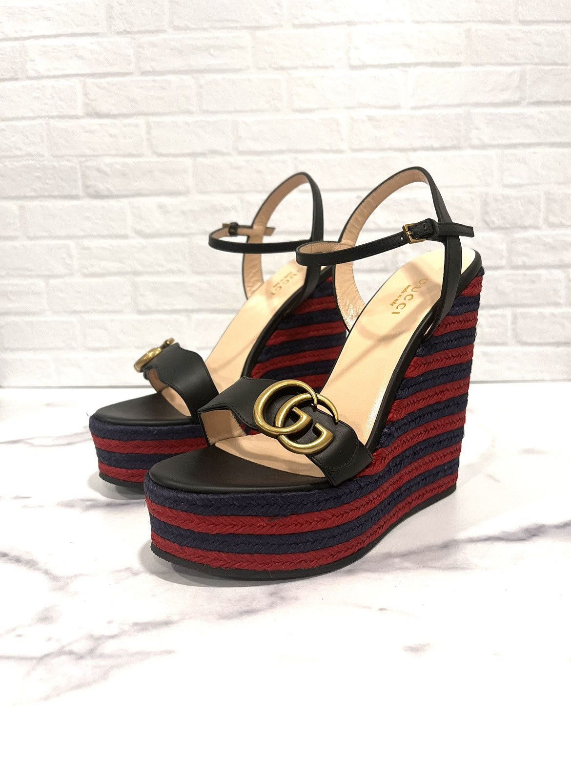 Gucci Marmont Double G Leather Espadrille Platform Sandals