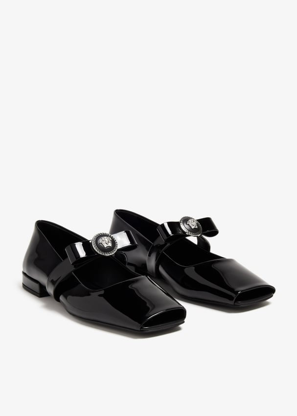 Versace Gianni Ribbon Open Patent Leather Ballerina Flats