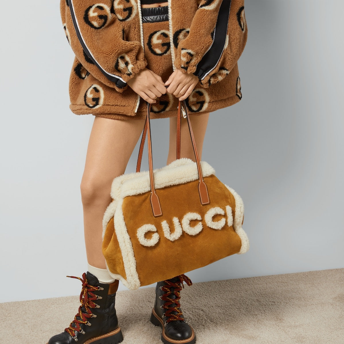 Gucci Logo suede bonded with shearling Tote