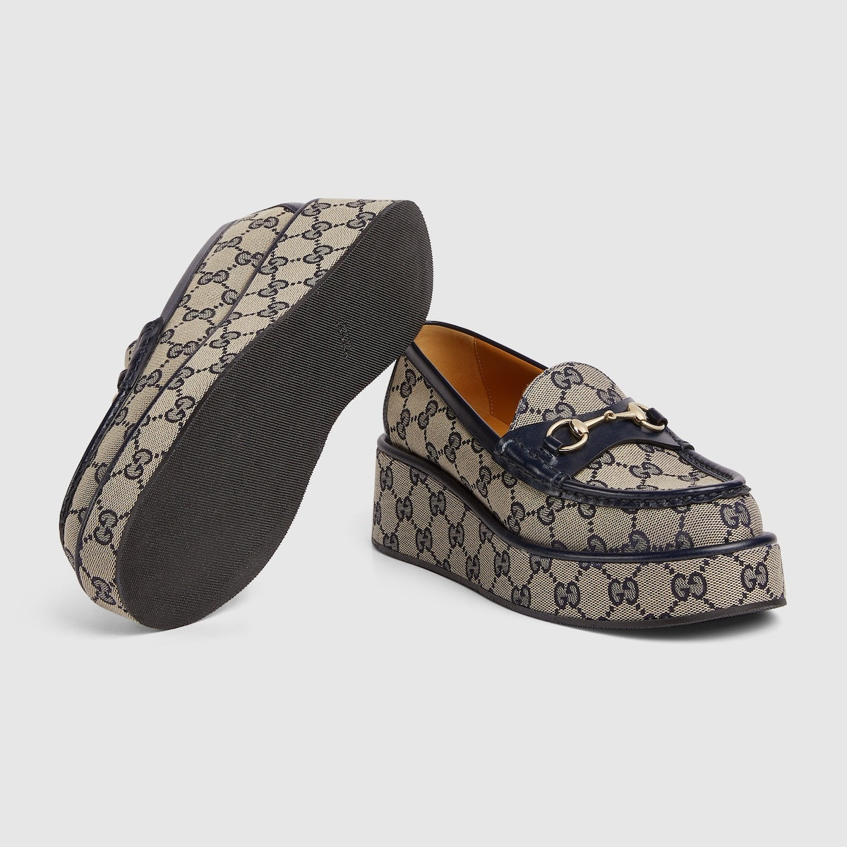 Gucci Horsebit GG Canvas Wedge Loafers