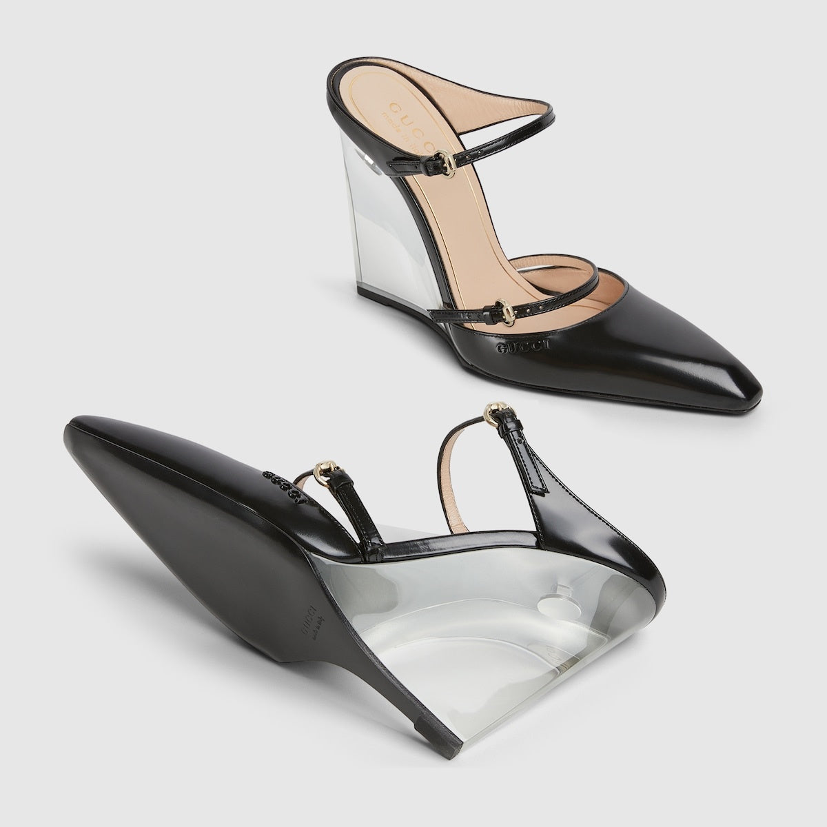 Gucci Logo Leather Wedge Mules