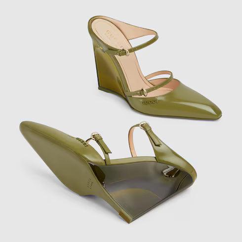 Gucci Logo Leather Wedge Mules
