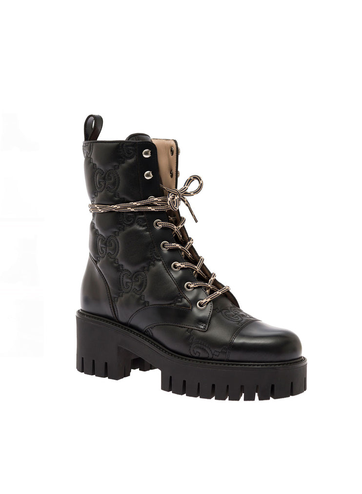 Gucci GG Matelasse Lace up Leather Boots